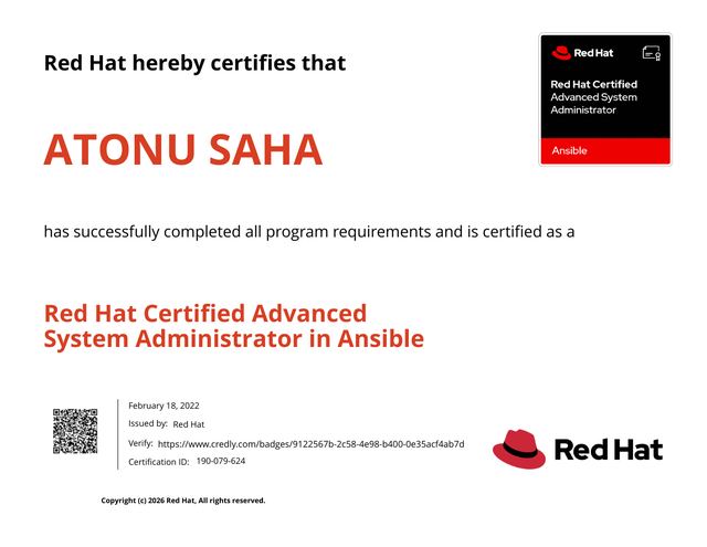 Red Hat Certified Advanced System Administrator in Ansible certificate