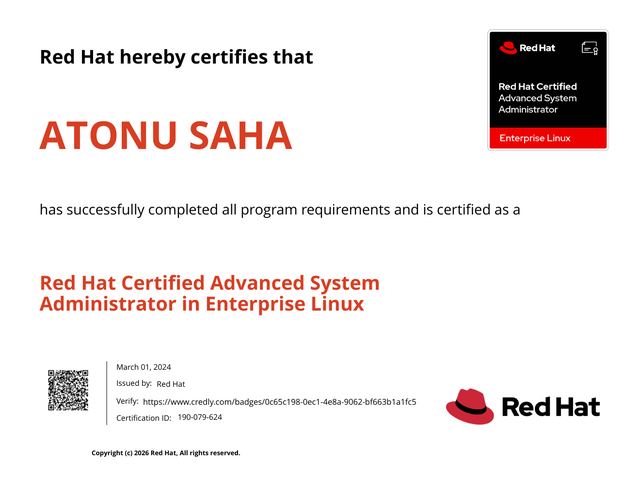 Red Hat Certified Advanced System Administrator in Enterprise Linux certificate