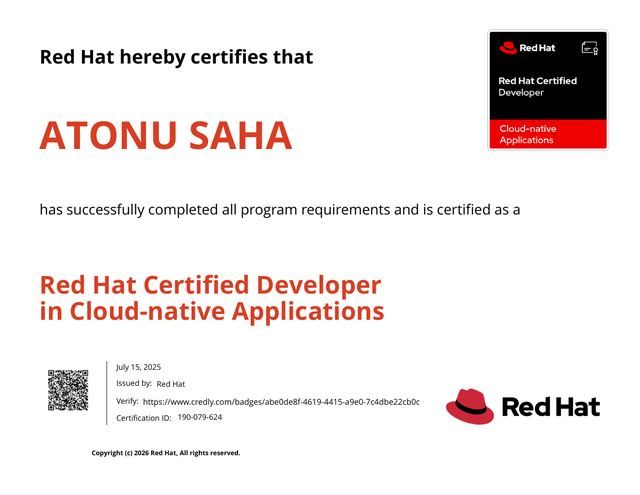 Red Hat Certified Developer in Cloud-native Applications certificate